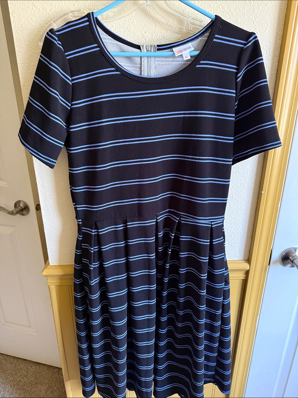 Navy Blue Short-Sleeve Fit-and-Flare Dress with Light Blue Stripes
